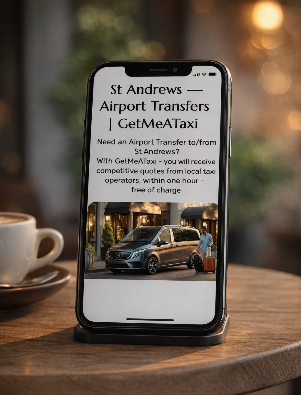 GetMeATaxi booking page on smartphone showing St Andrews airport transfer quotes