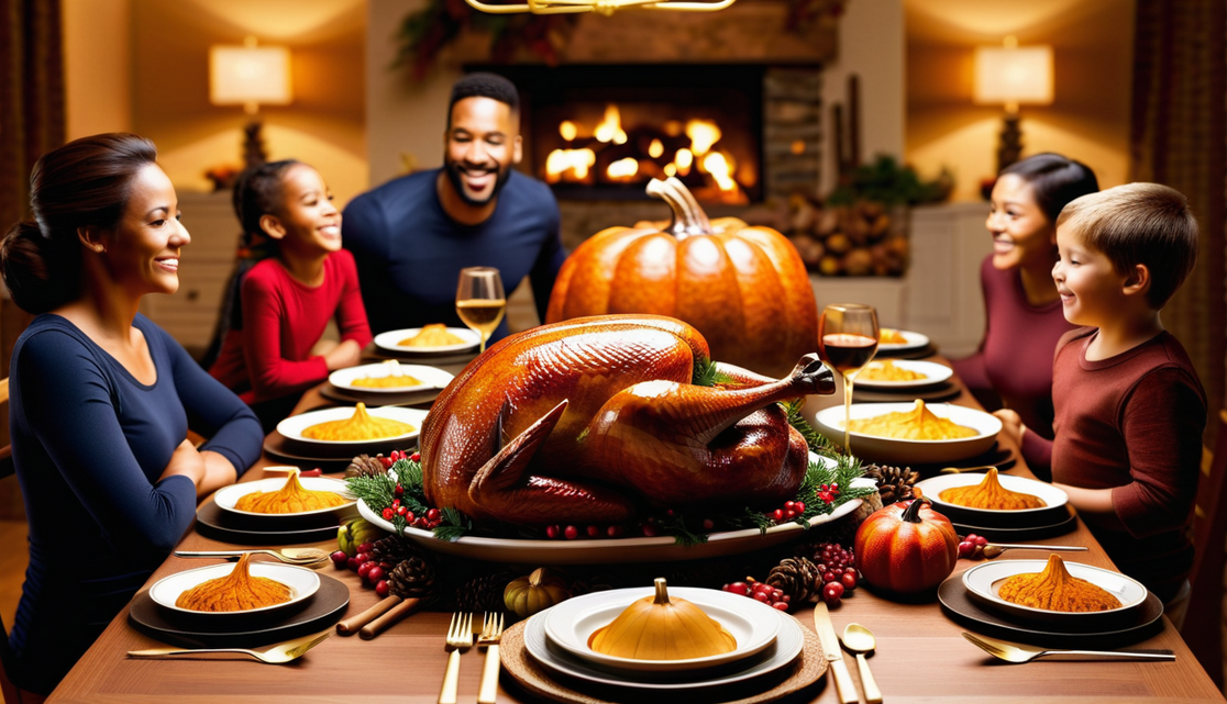 A family gathered around the Thanksgiving dinner table