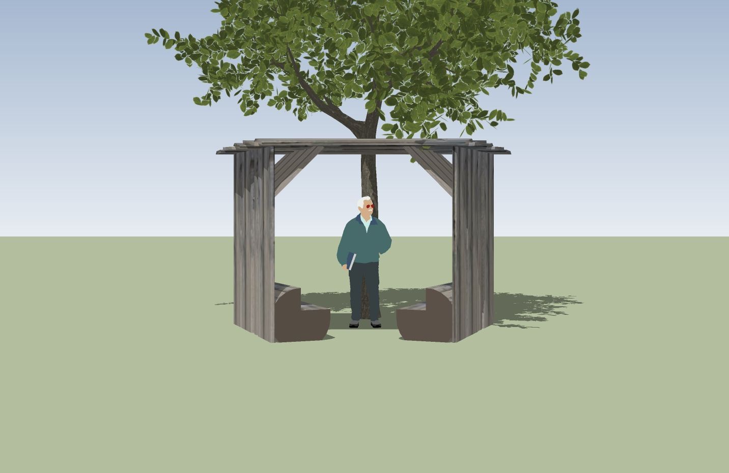 Person standing under a wooden shelter with two benches, beneath a tree.