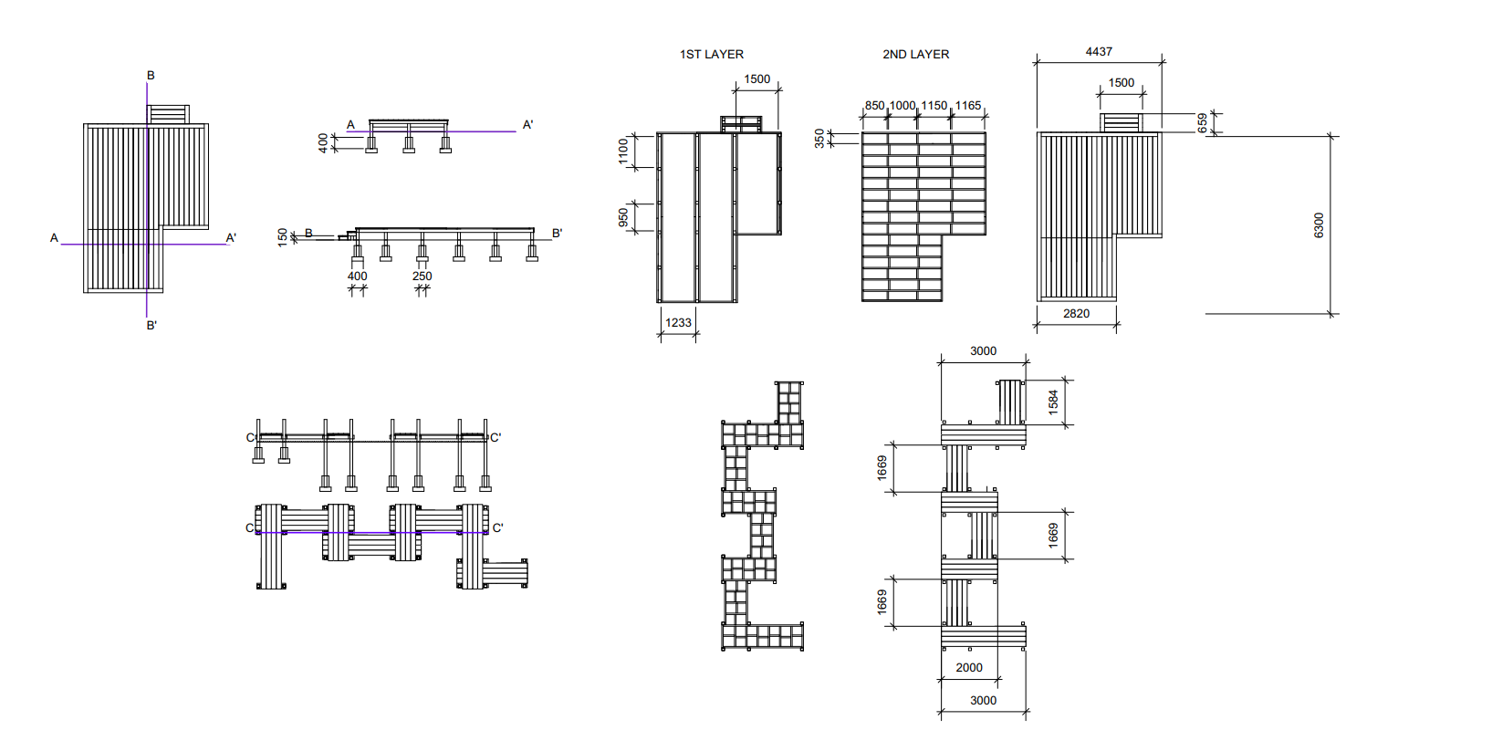 Architectural drawings, likely for construction, showing various structural details and measurements.