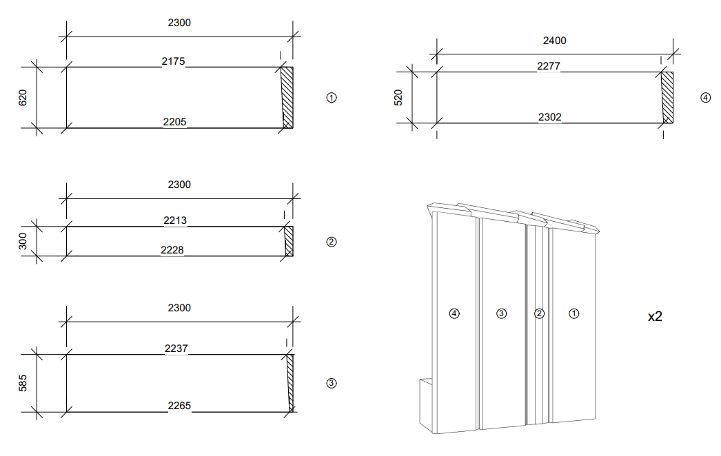 Diagram showing the dimensions of building components, including different shapes and a perspective view of the overall structure.