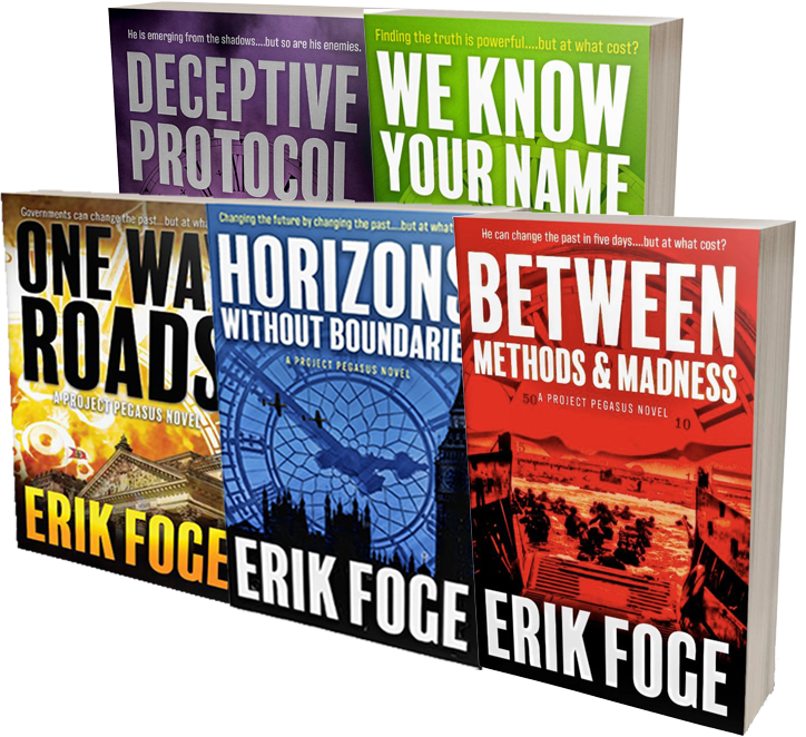 Four books by erik foge are stacked on top of each other on a white background.