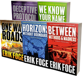 Four books by erik foge are stacked on top of each other on a white background.