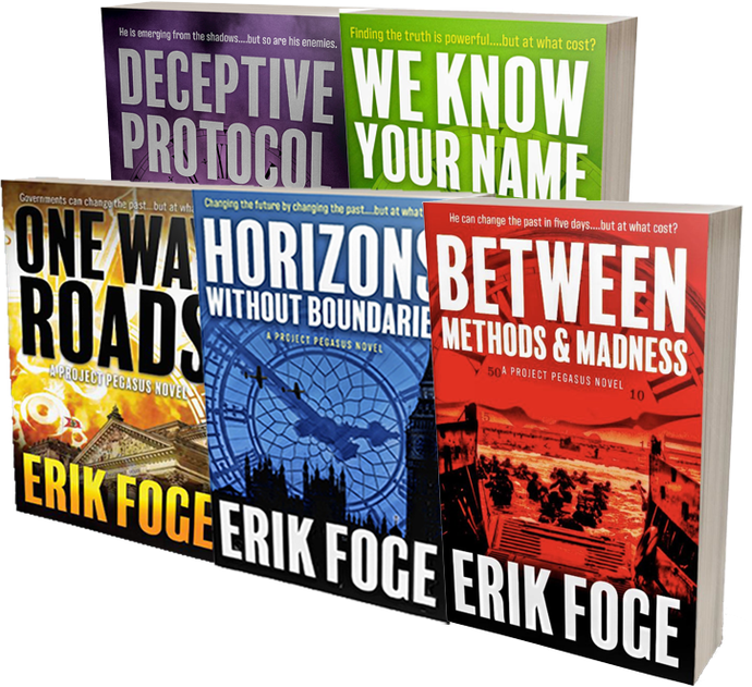 Four books by erik foge are stacked on top of each other on a white background.
