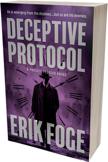 Book cover for Deceptive Protocol by Erik Foge, featuring a hooded figure on a purple background.