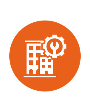 Orange circular icon of a building with a gear and wrench symbol
