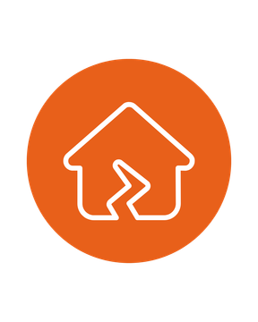 Orange circular icon with a white outline of a house and zigzag crack in the center