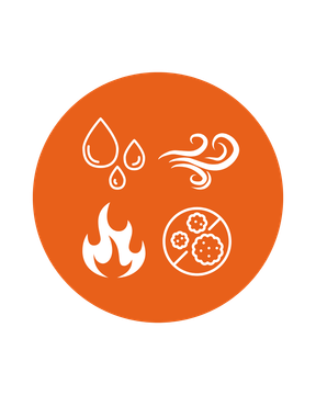 Orange circle with white icons of water drops, wind, flames, and gears