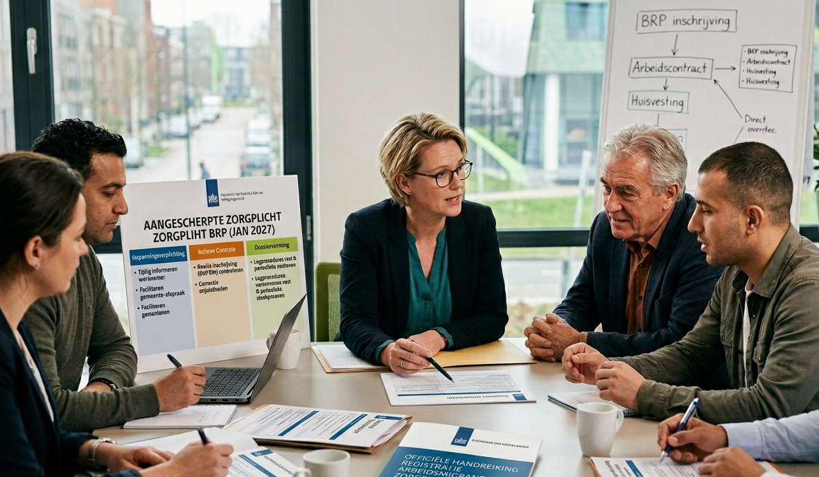 Personen die aan het vergaderen zijn over de zorgplicht bij registratie arbeidsmigranten