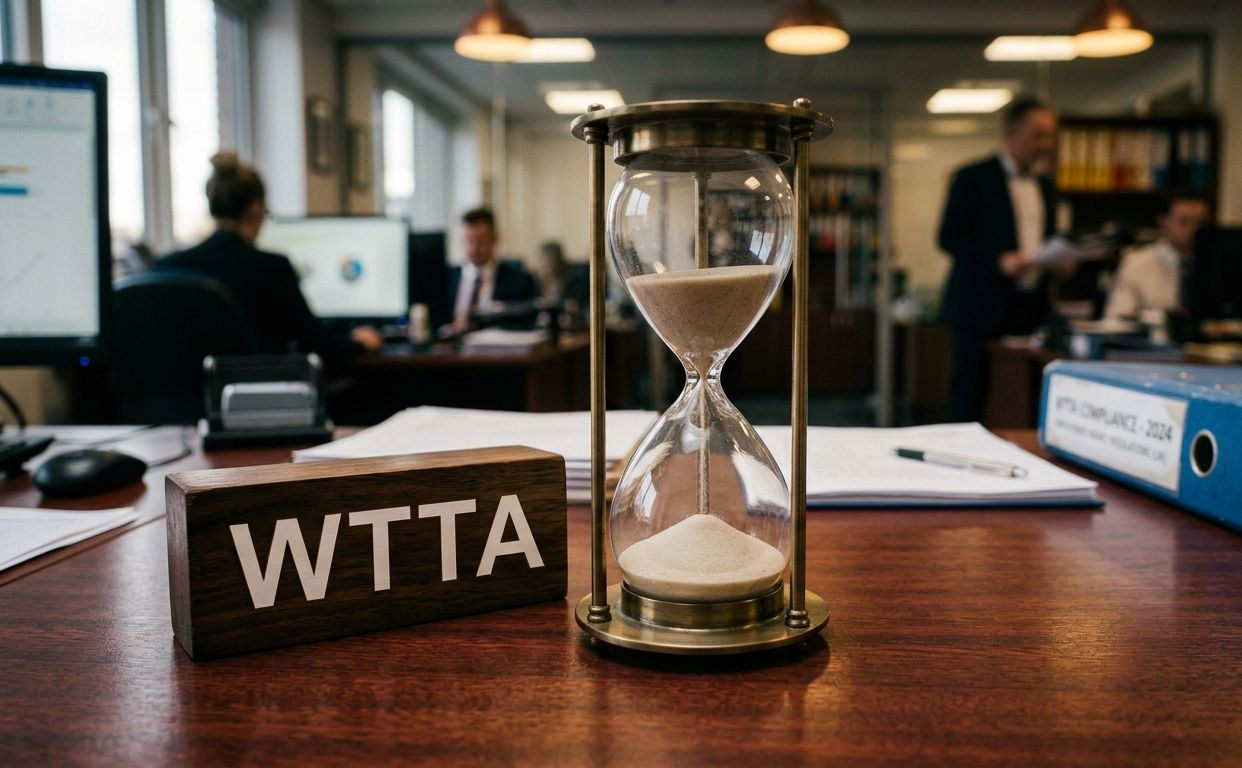WTTA woord en zandloper waarbij het zand bijna beneden is, op tafel