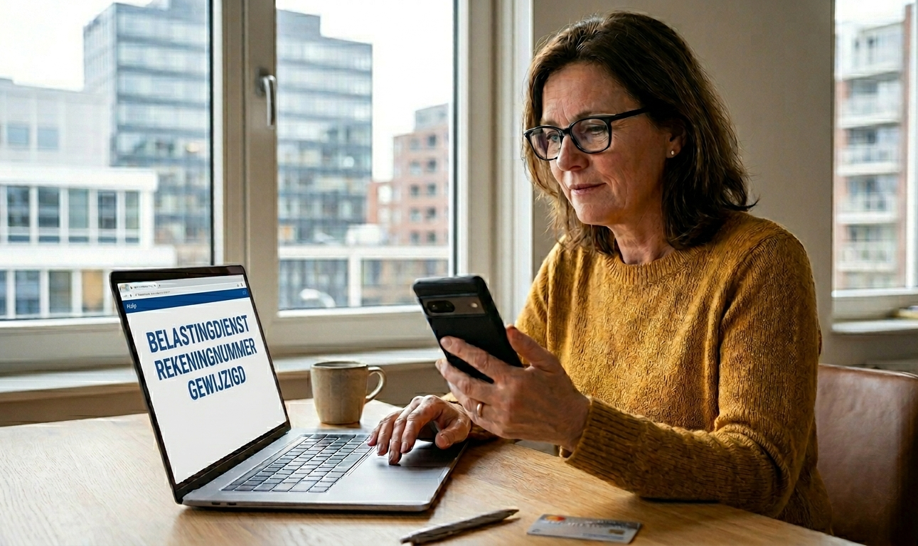 een vrouw die tegenkomt op haar laptop dat het nummer van de Belastingdienst aangepast is