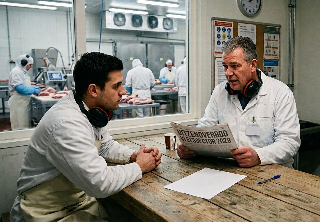 Twee personen in de vleessector die het nieuws krijgen dat het uitzendverbod  de vleessector wordt  