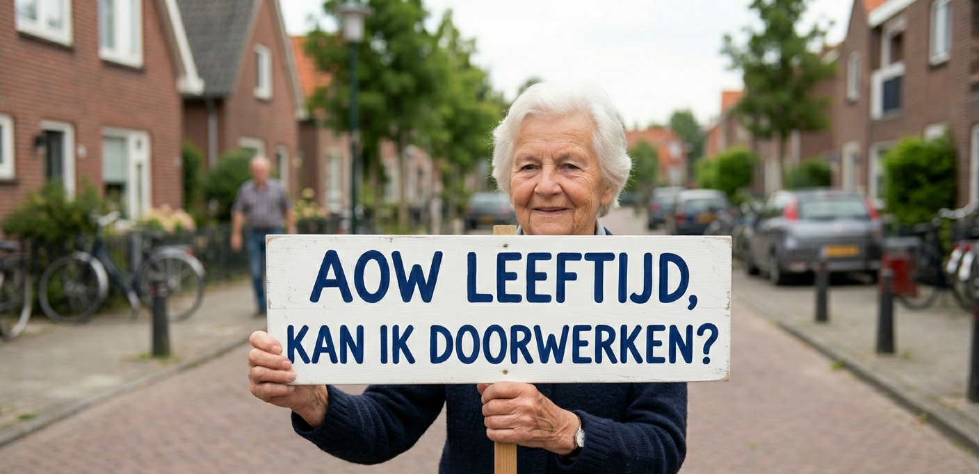 Een vrouw op leeftijd die een bordje hoog houdt met daarop