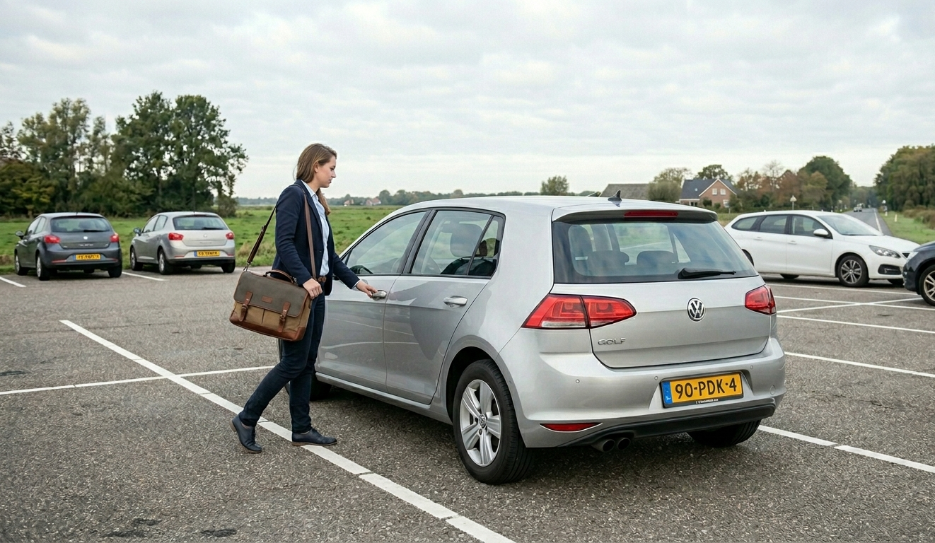 Werknemer die in de auto stapt om naar werk te rijden met een werktas op haar schouder