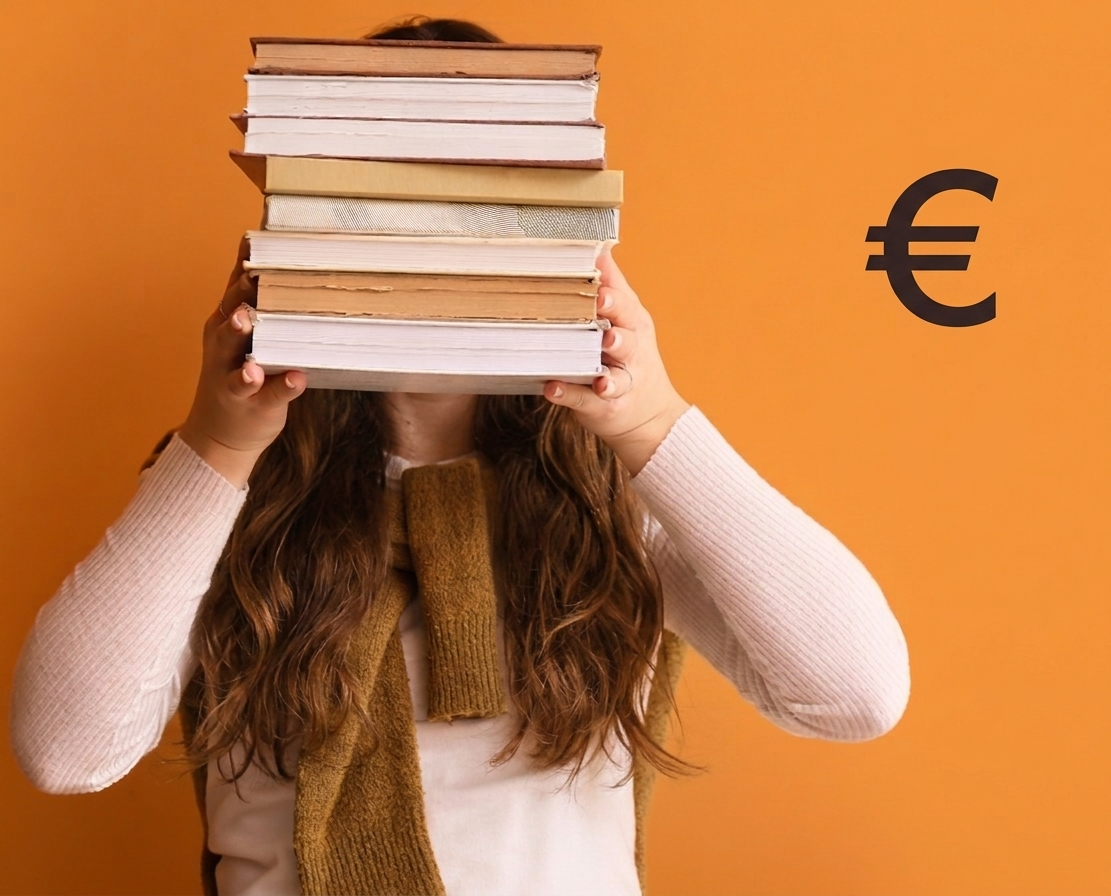 een vrouw die studieboeken vasthoudt en naast haar staat een euroteken (studiekosten)