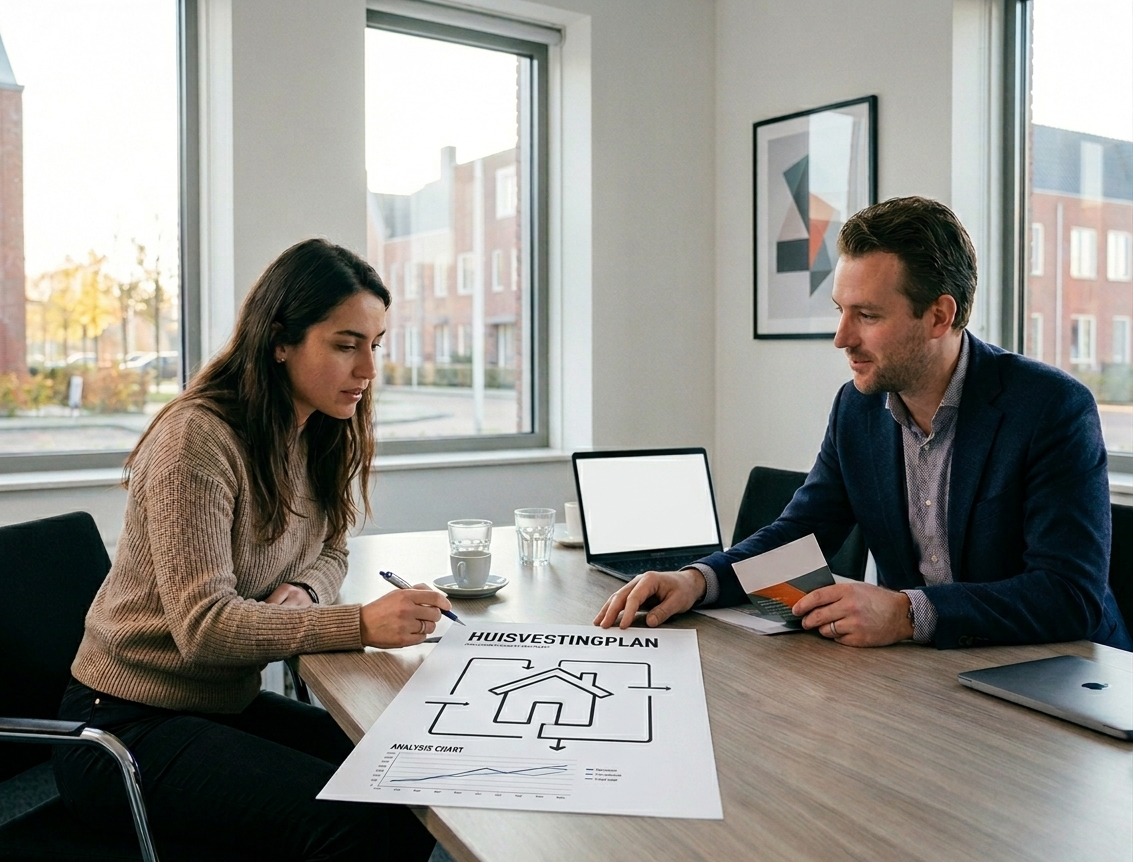 2 personen die met elkaar om de tafel zitten en een laptop en een posten op de tafel hebben liggen w