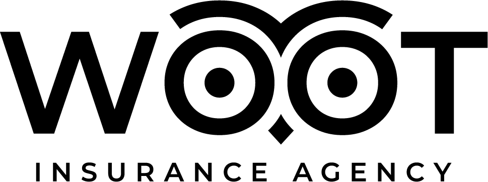 Black logo for WOOT Insurance Agency featuring a stylized owl face integrated into the double O's.