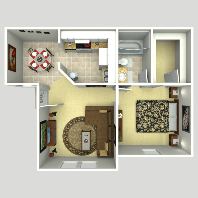 A 3d floor plan of a small apartment
