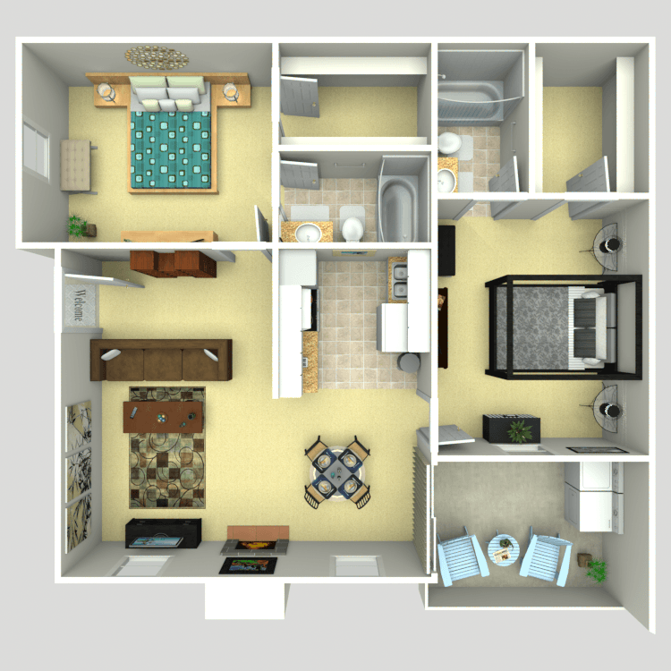 A 3d floor plan of a house showing the bedrooms and bathrooms