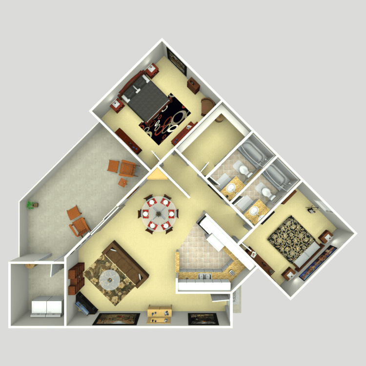 A 3d floor plan of a house with furniture