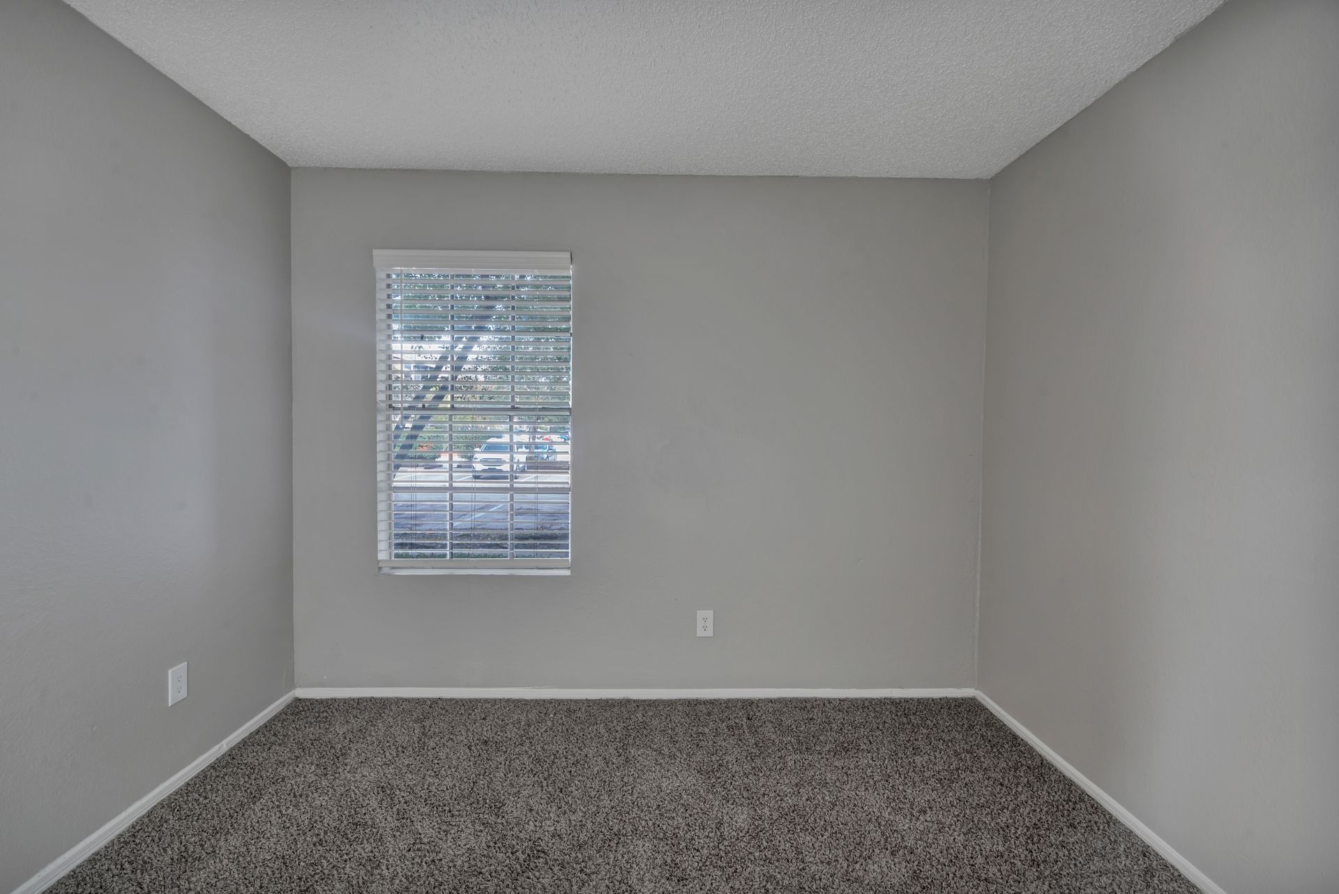 An empty bedroom with a window and carpet.