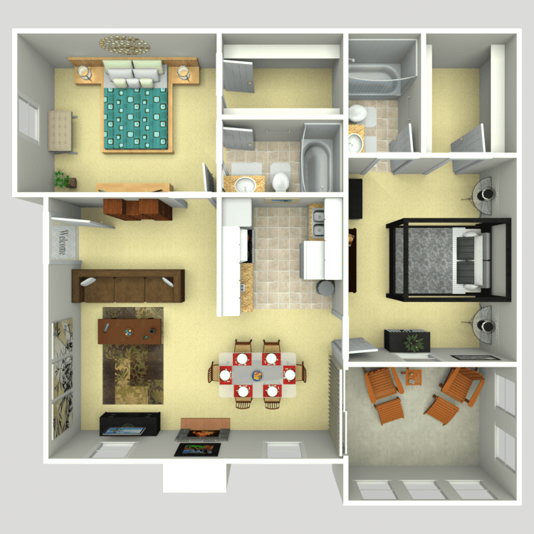 A 3d floor plan of a house with furniture