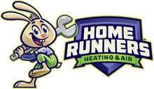 Cartoon rabbit holding a wrench next to a Home Runners Heating & Air logo on a blue shield.