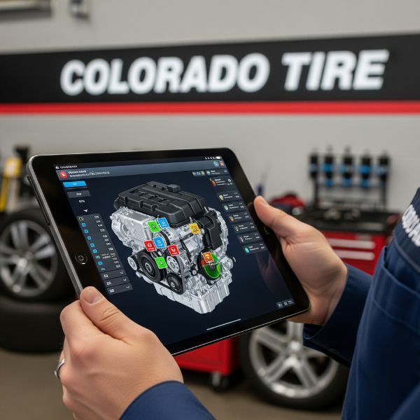 A close-up of a technician using an advanced vehicle diagnostic computer tablet at Colorado Tire.