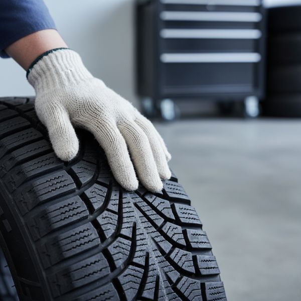 Close-up of a hand feeling the texture of a winter tire.