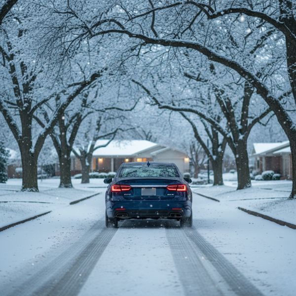 Car driving safely through a light snow-covered suburban street.