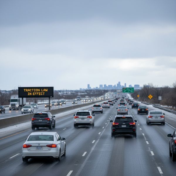 Highway traffic moving steadily on a wet road, slight slush.