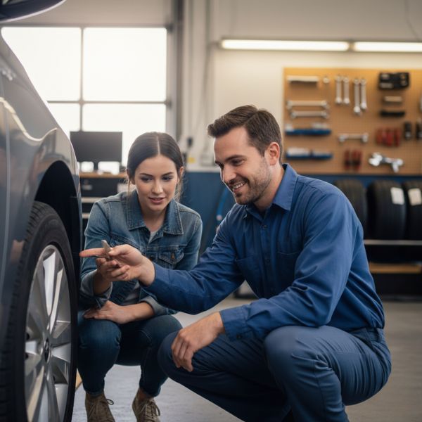 A professional mechanic in a blue uniform points to a car tire's sidewall while explaining something to a young female customer in a denim jacket, both smiling in an auto shop.