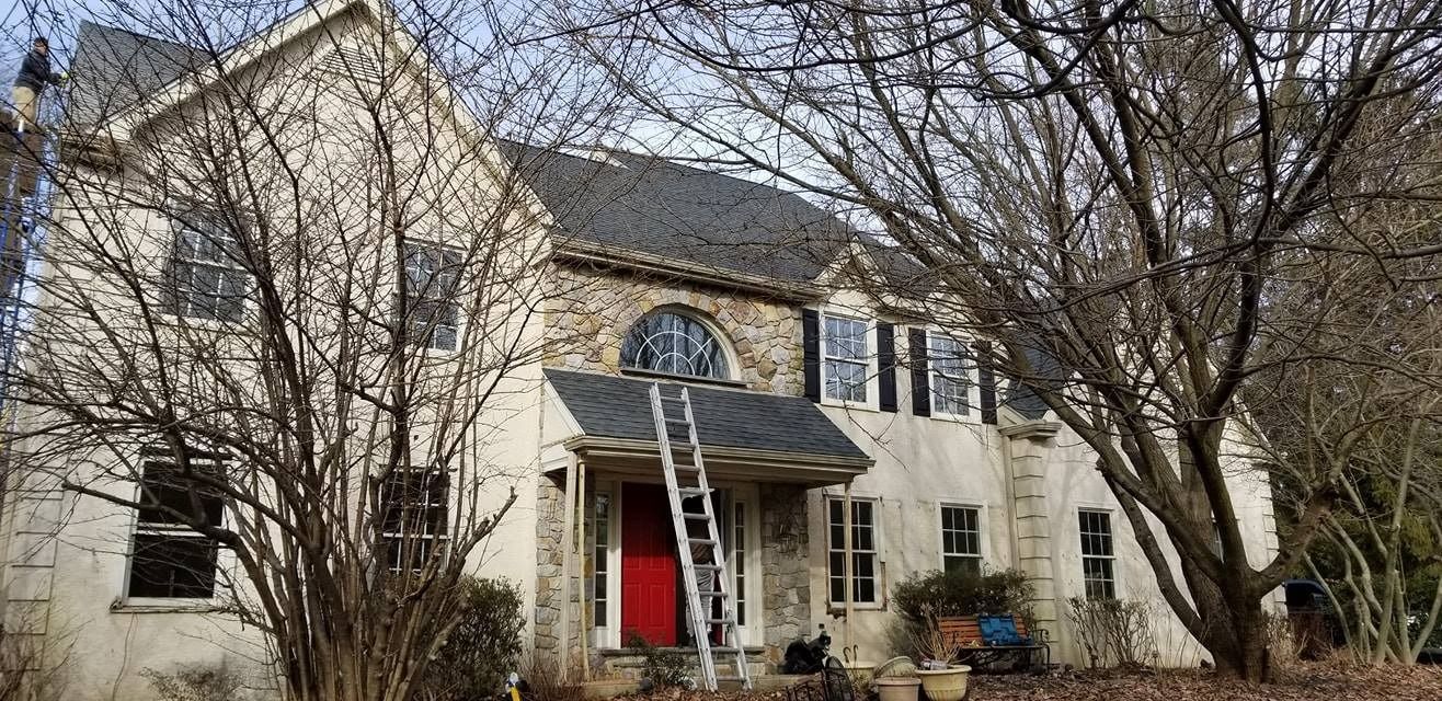 Stone house with red door