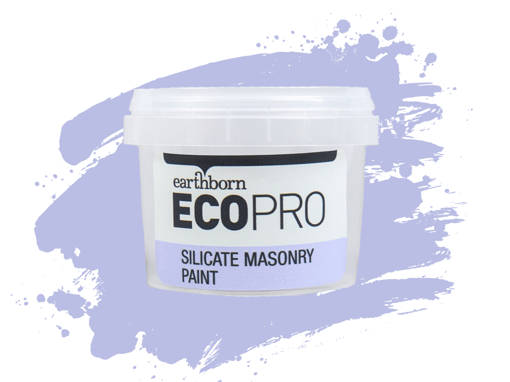 A bucket of silicate masonry paint with a purple brush stroke on a white background.