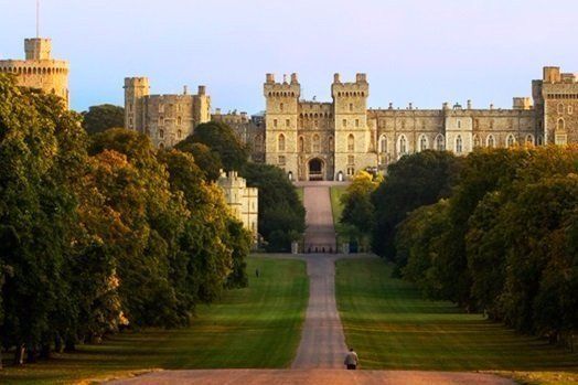 A large castle is surrounded by trees and a path leading to it.