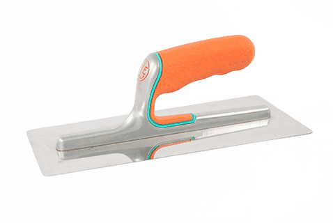 A stainless steel trowel with an orange handle on a white background.