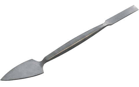 A metal spatula with a long handle on a white background