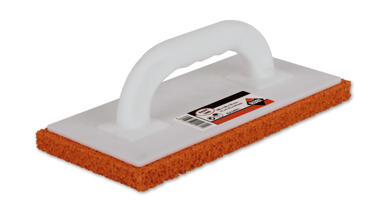 A sponge with a plastic handle on a white background.
