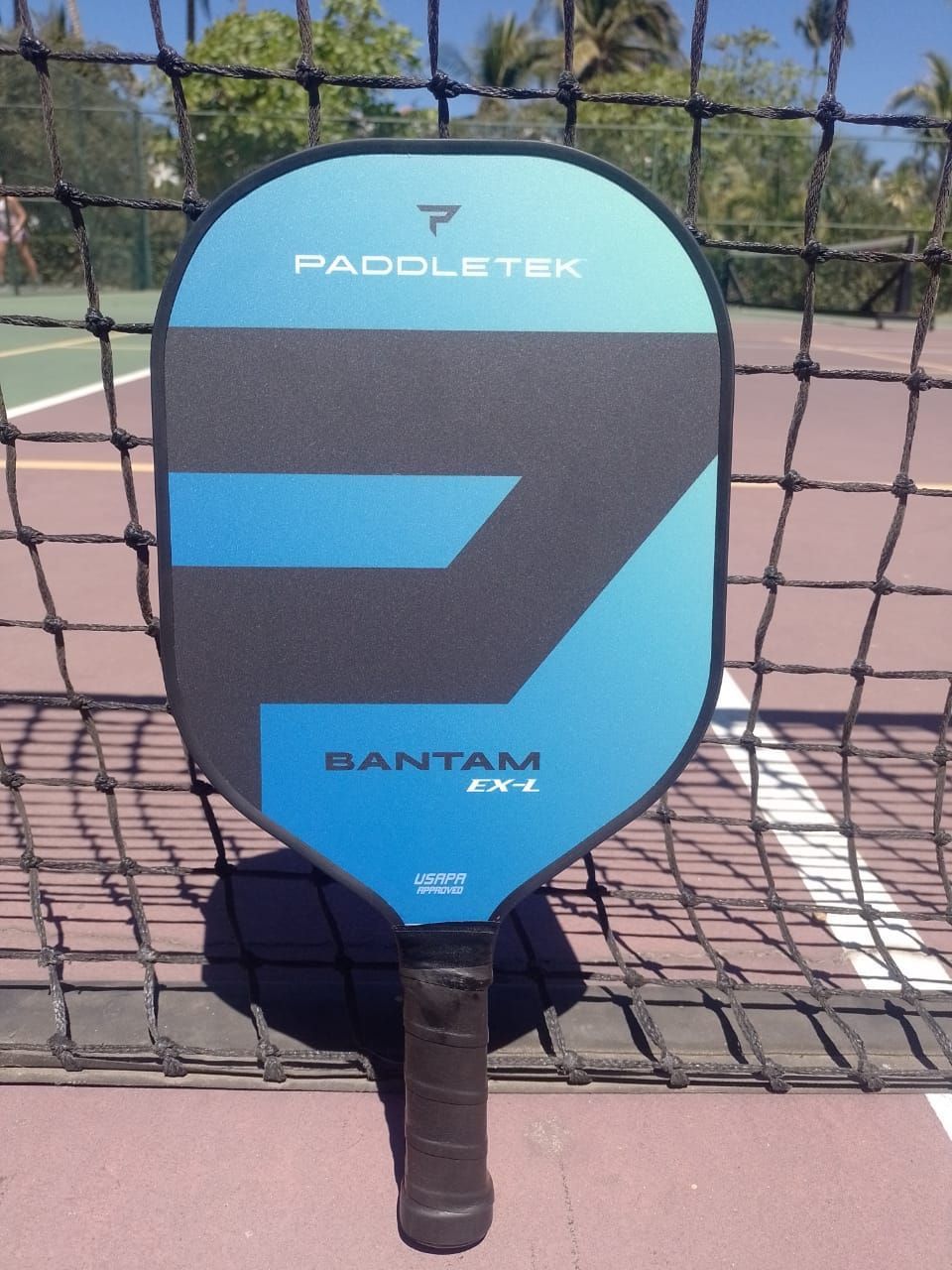 A paddletek pickleball paddle is sitting on a court at the Playa Del Carmen Pickleball Club in Playa Del Carmen, Mexico