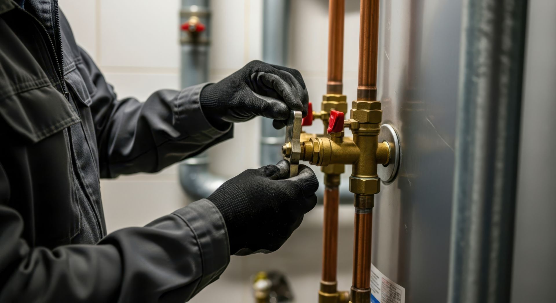 Local plumbing contractor adjusting copper pipe valves on a water heater