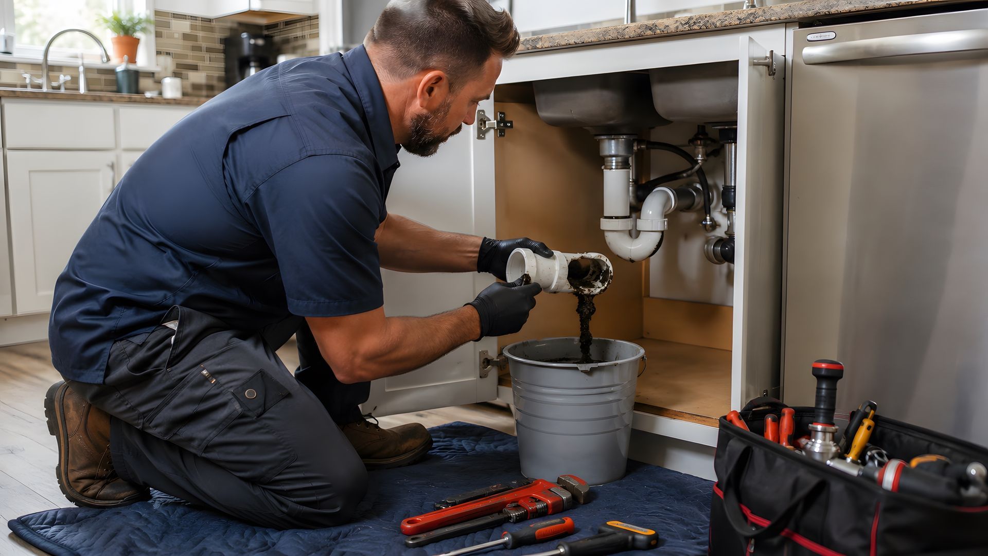 Plumber kneels under a sink, fixing pipes with tools on the floor beside a bucket.