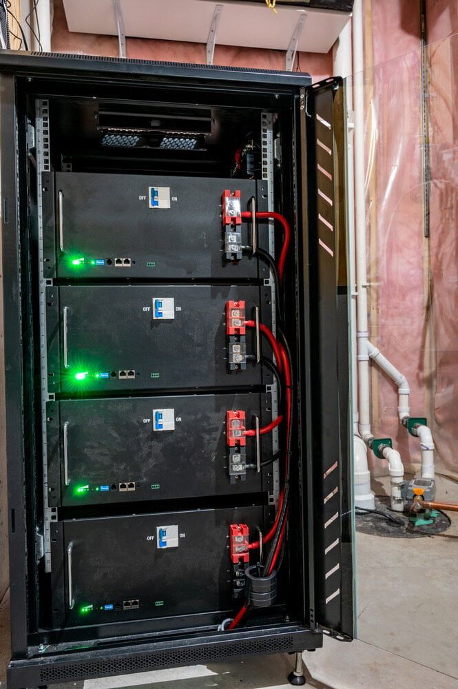 A Bunch of Batteries Are Stacked on Top of Each Other in a Rack — Ray Smith Electrical in Woolgoolga, NSW