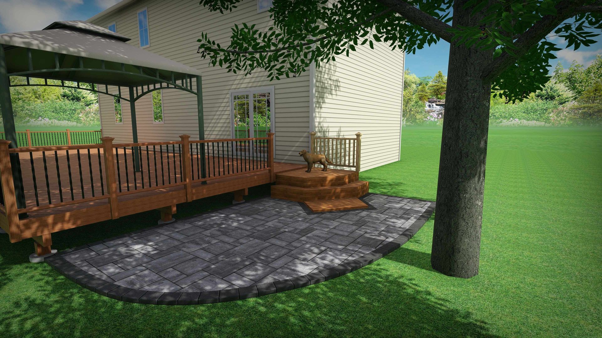 A 3D rendering of a wooden deck with a gazebo, steps leading to a yard, and a stone patio under a large tree.