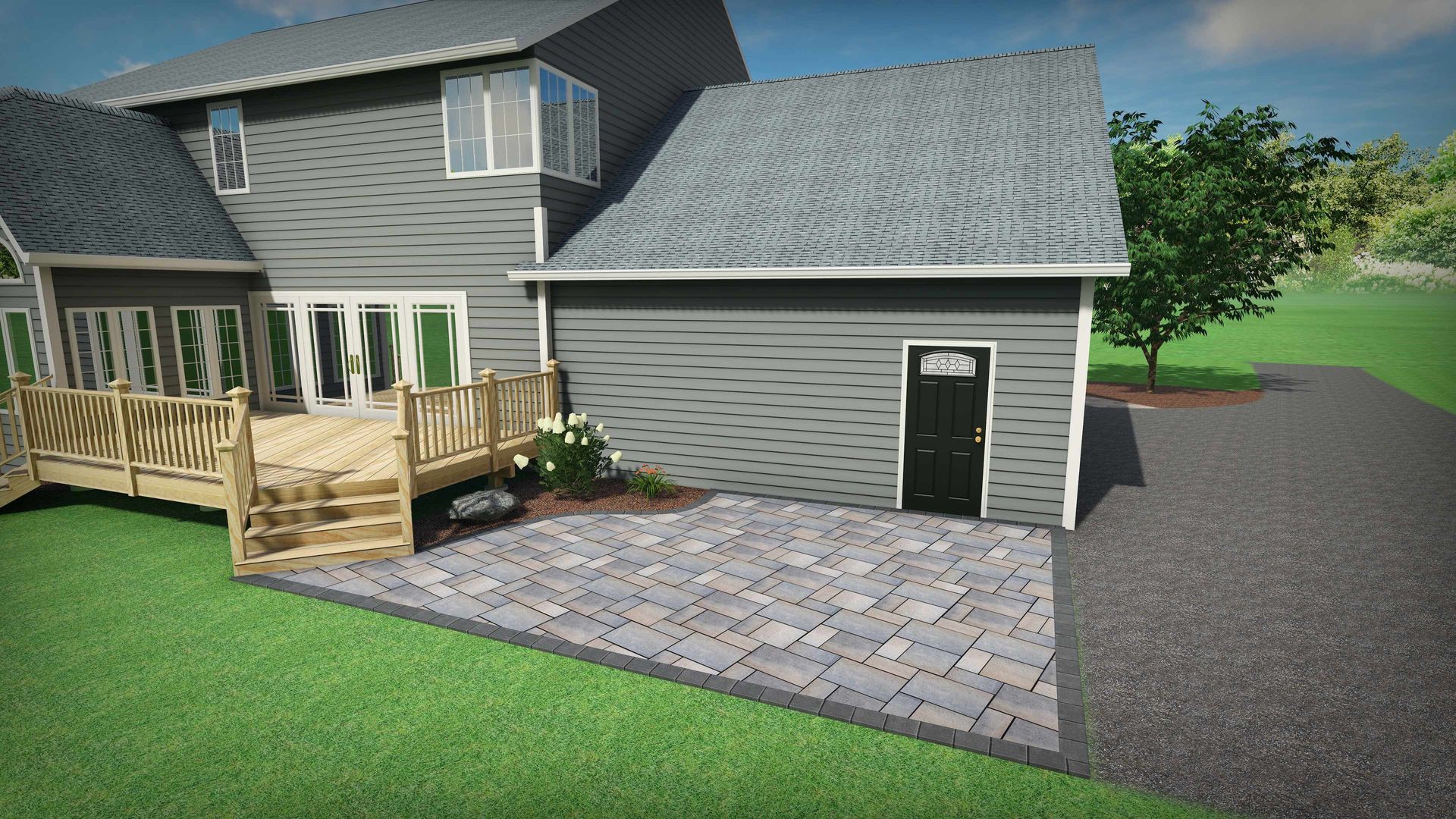 A 3D architectural rendering shows a gray house with a wooden deck, stone patio, and black door in a landscaped backyard.