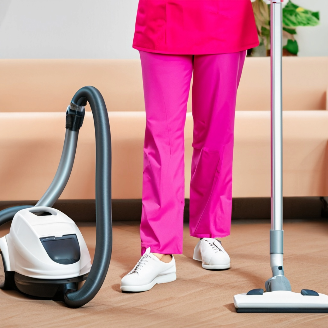 A woman in pink pants is standing next to a vacuum cleaner