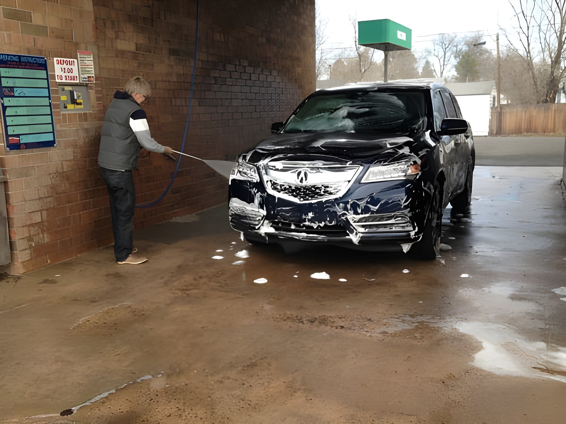 Man washing a dark blue Acura SUV at a car wash.