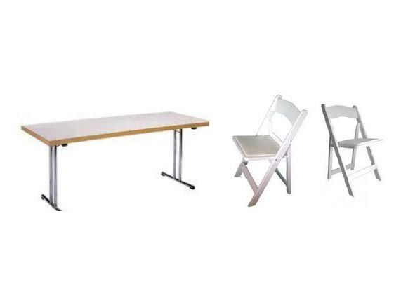 Table with Light-Colored Top and Two White Folding Chairs — Rme in Sapphire, NSW