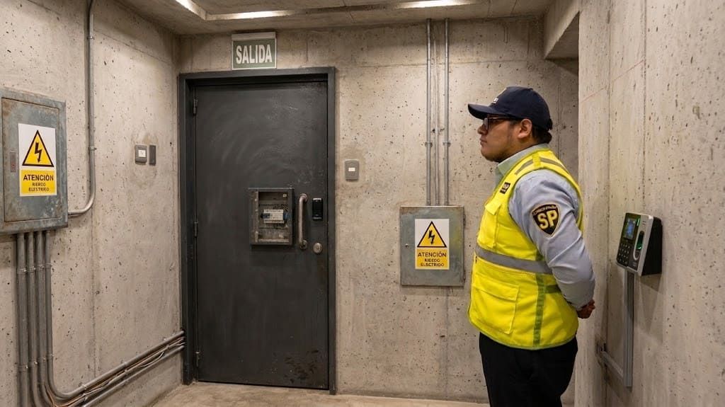 Un guardia con chaleco de seguridad amarillo está de pie junto a una puerta metálica de seguridad en un pasillo de hormigón.