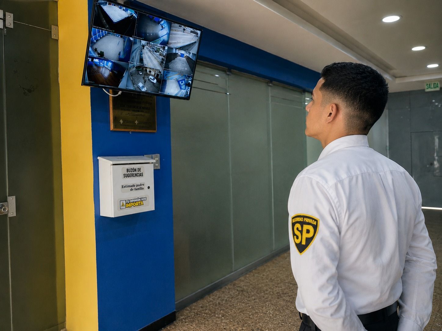 Un guardia de seguridad vigila los monitores de las cámaras de seguridad en un pasillo con paredes azules y amarillas.