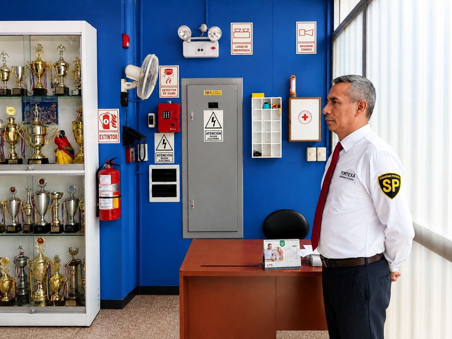 Oficina de seguridad con vitrina para trofeos, extintor de incendios y un hombre de pie junto a un escritorio.